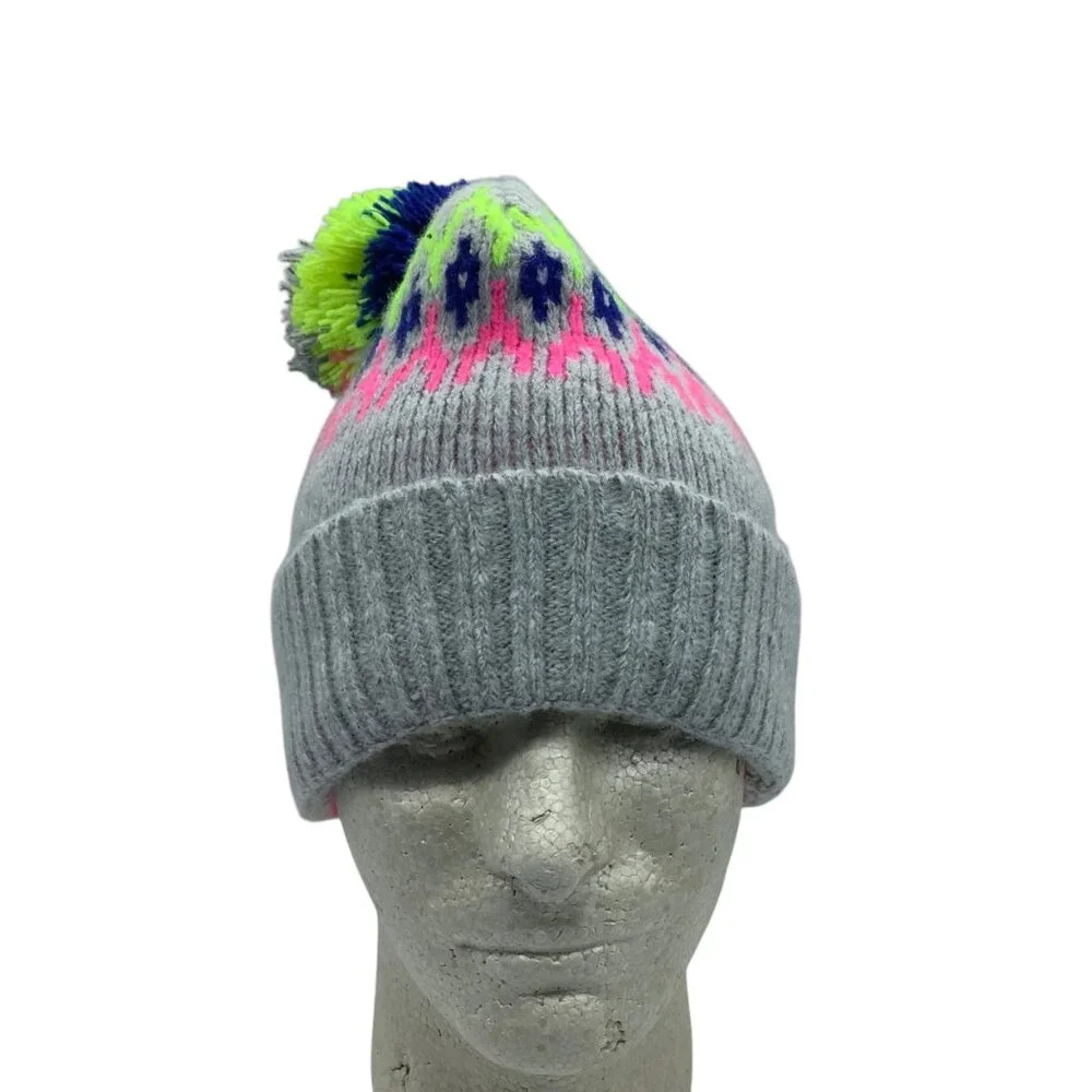 Aeropostale Gray Knit Pom Beanie‎ Hat Neon Pink Green Fair Isle Pattern NWOT